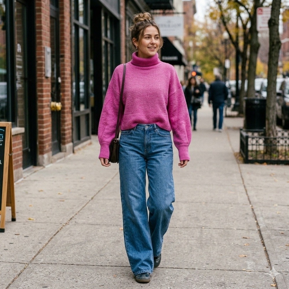 Lumiere Pink Turtleneck Sweater Oversized Boxy Cropped Wool Blend M NT18613